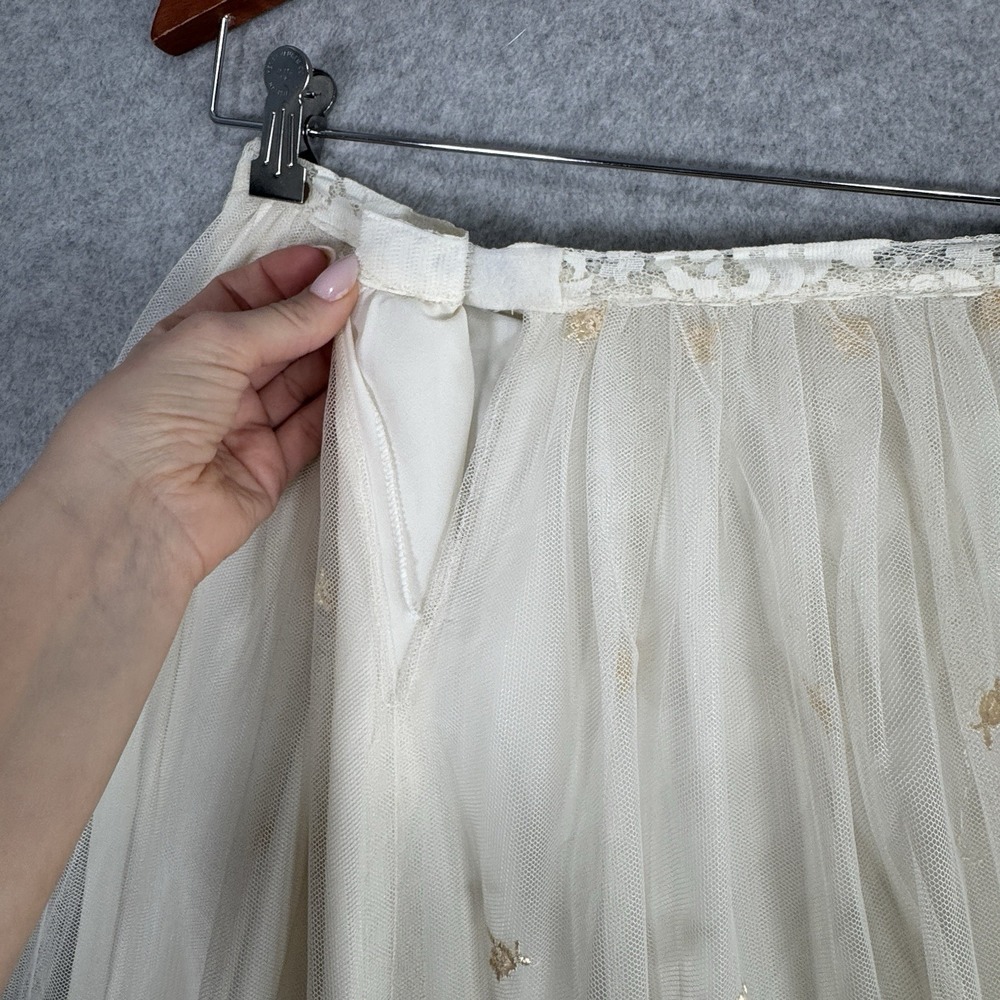 Whimsical Fairycore Ethereal Tulle Maxi Skirt XS Cream Gold Embroidered Bridal - Picture 11 of 16